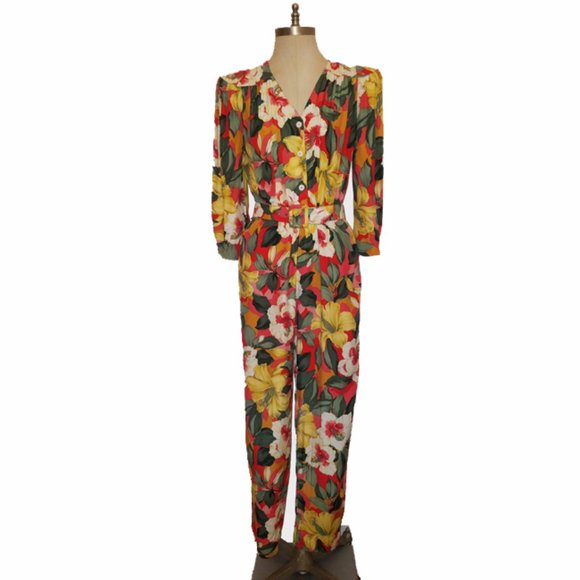 Vtg 80s Carol Anderson Tropical Floral Jumpsuit S - Picture 1 of 8